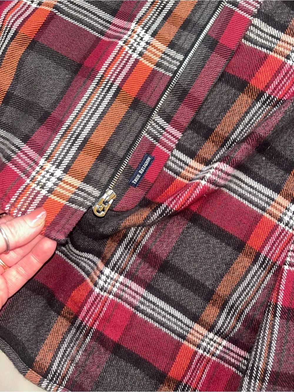 True Religion Red and Black Plaid Zip Up Shirt